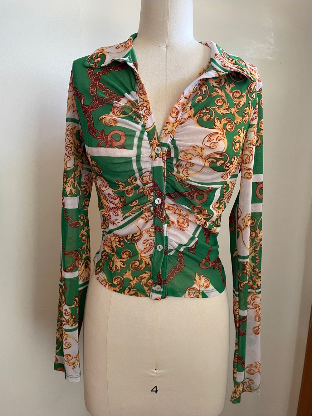 Y2K style Green Baroque-Print Ruched Button Front Top